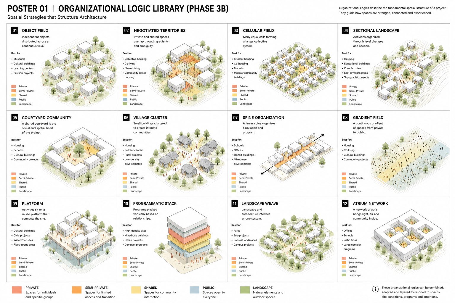 Poster 01 — Organisational Logic Library (Phase 3B), twelve spatial strategies