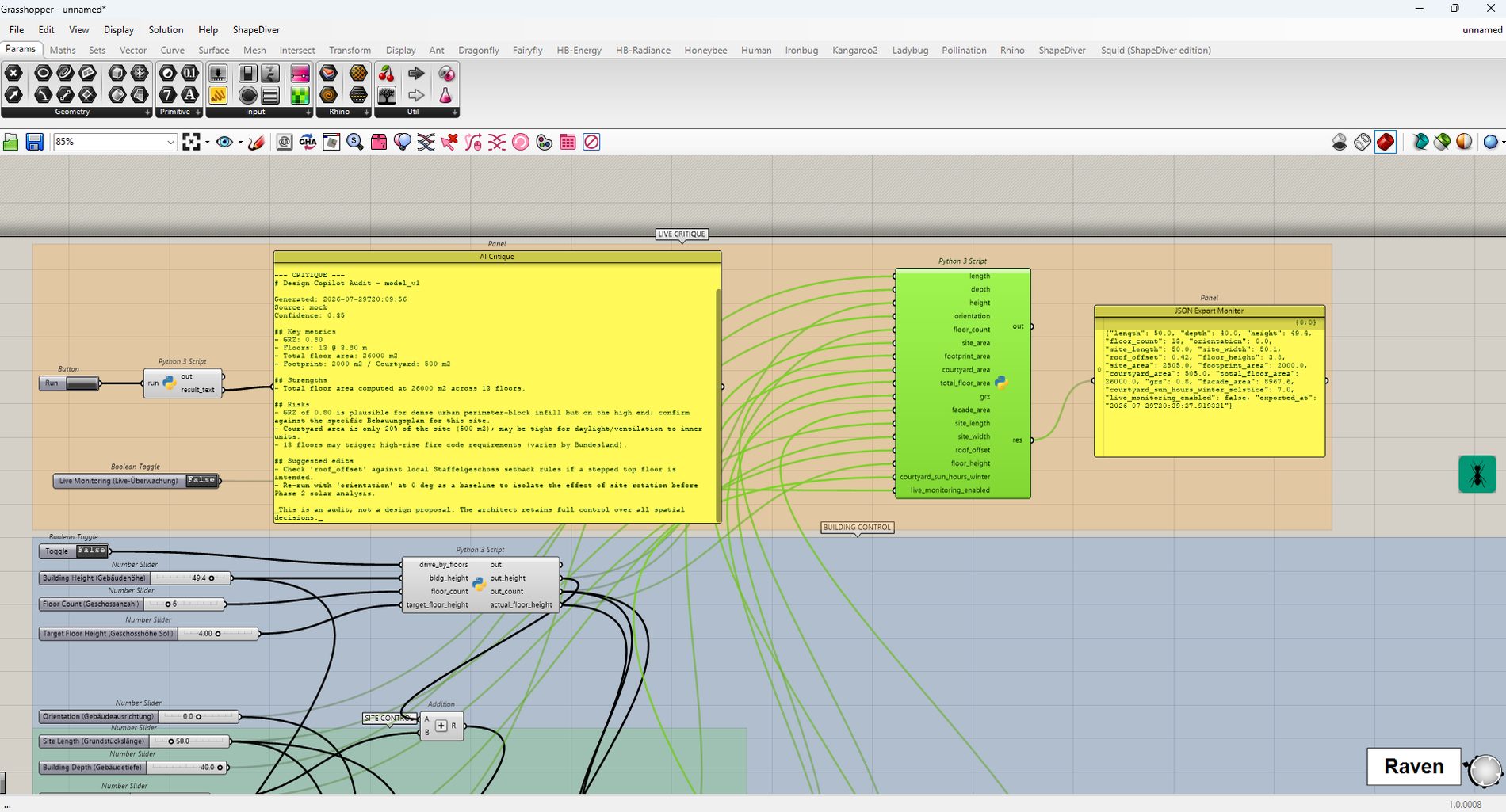 Grasshopper canvas — building control feeding the critique loop
