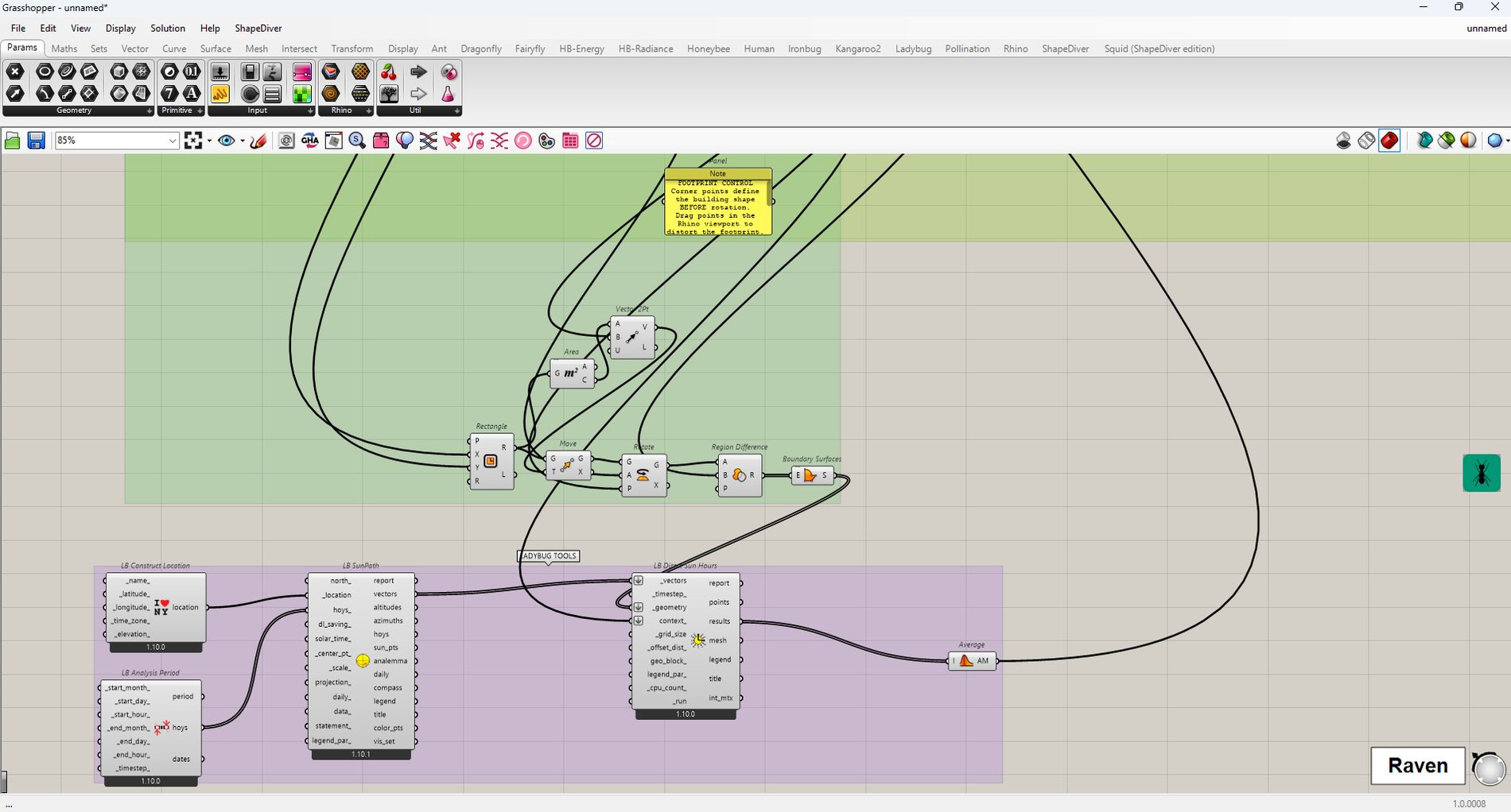 Ladybug branch — sun path and direct sun hours against the parametric massing