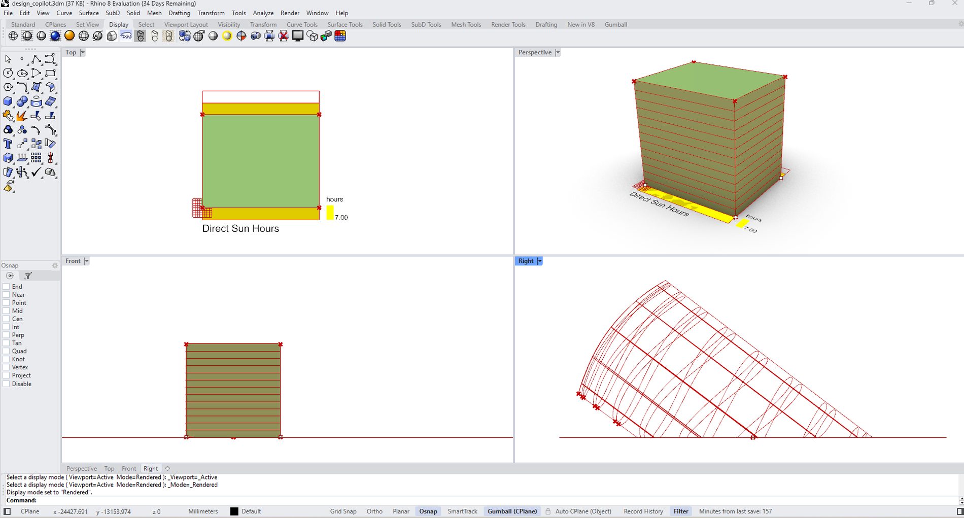 Rhino viewport — direct sun hours on the generated volume