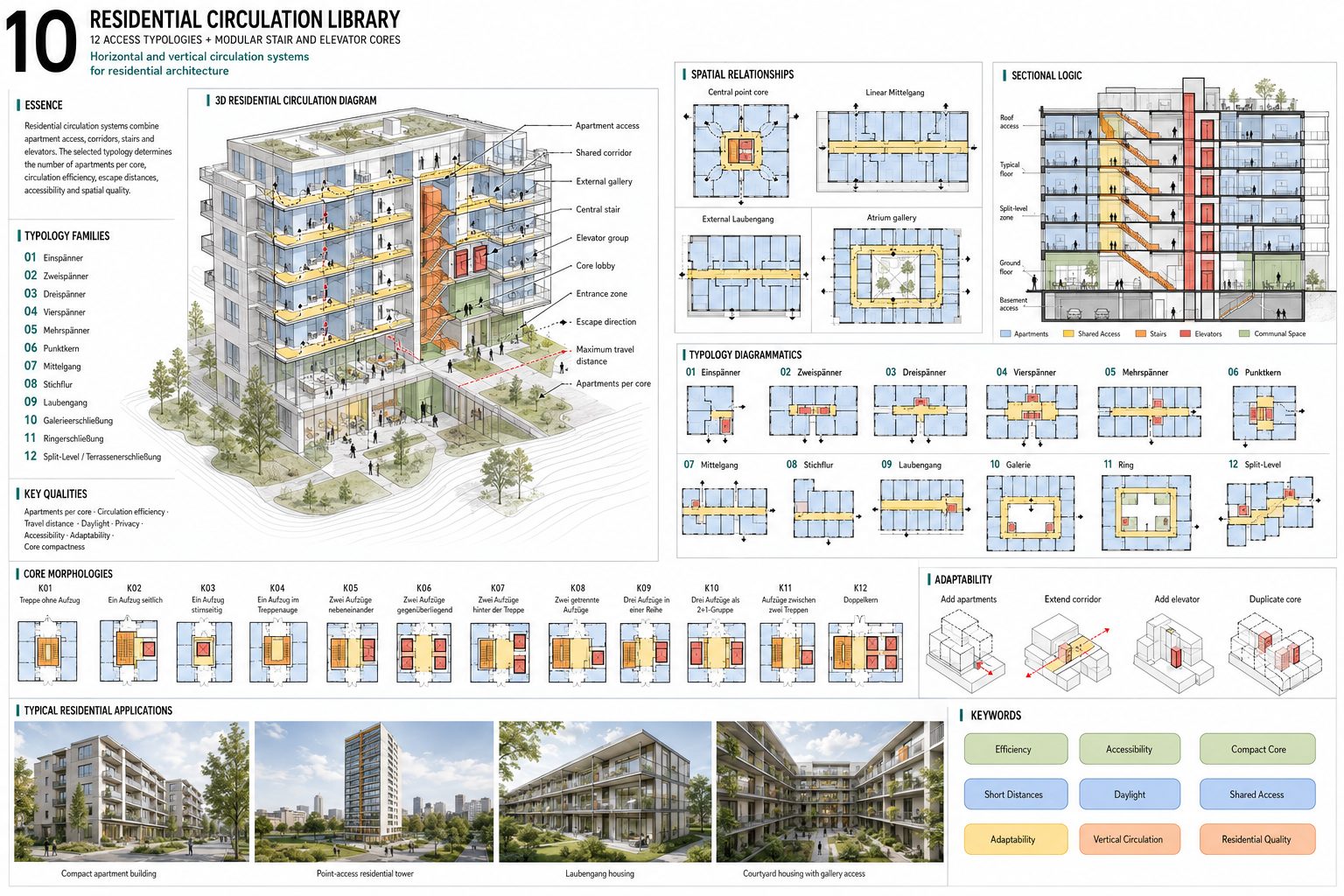 Residential Circulation Library — twelve access typologies with stair and elevator cores