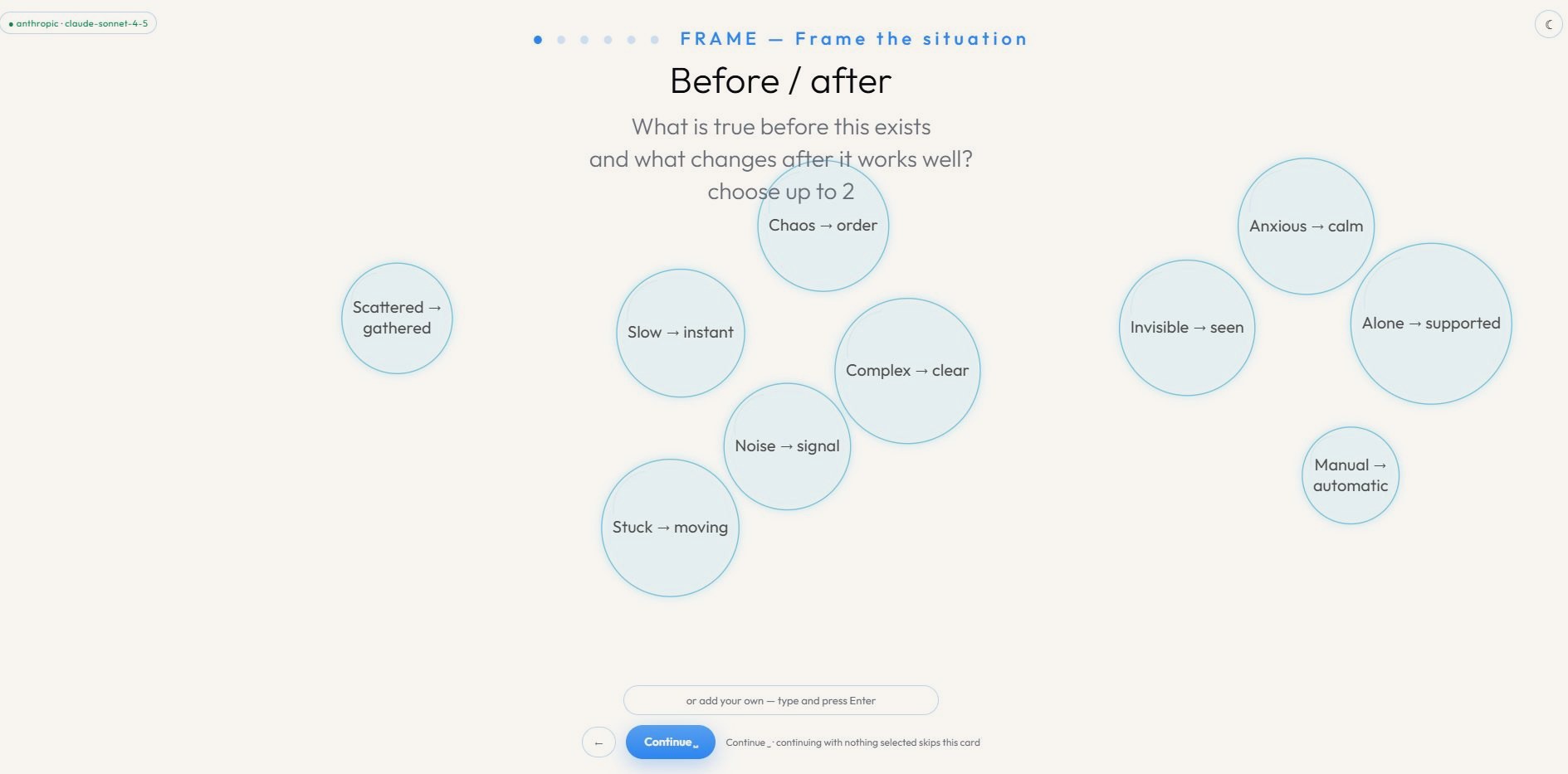 Disrupt — the field opened past obvious category language, rejections marked in red